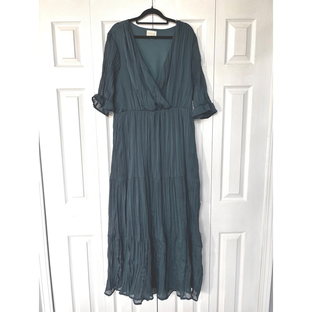 Bella Ella Boutique Teal Green Pleated Maxi Dress XL V-Neck Tiered Ruffle Sleeve